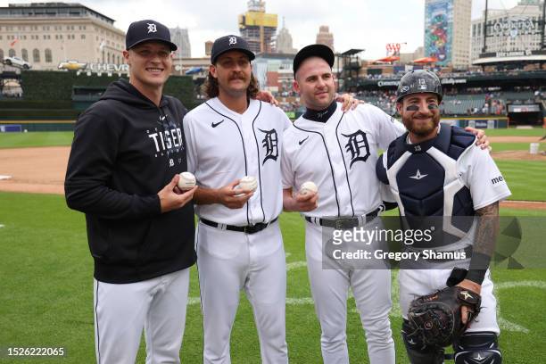From left to right Matt Manning, Jason Foley and Alex Lange of the Detroit Tigers celebrate their combined no hitter against the Toronto Blue Jays...