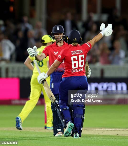 Danielle Gibson and Amy Jones of England celebrate their victory during the Women's Ashes 3rd Vitality IT20 match between England and Australia at...