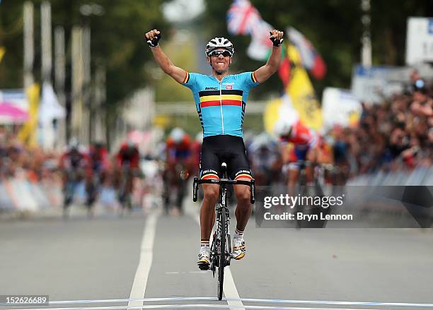Philippe Gilbert of Belgium celebrates as he crosses the finishline to win the Men's Elite Road Race on day eight of the UCI Road World Championships...