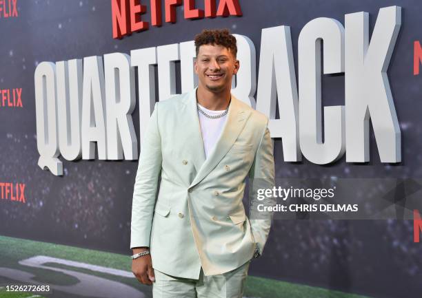 American football quarterback Kansas City Chief's Patrick Mahomes arrives for the premiere of Netflix's docuseries "Quarterback" at the Tudum Theatre...