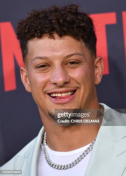 American football quarterback Kansas City Chief's Patrick Mahomes arrives for the premiere of Netflix's docuseries "Quarterback" at the Tudum Theatre...