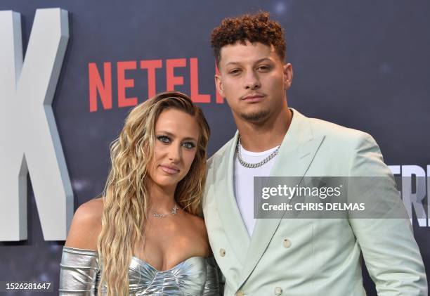 American football quarterback Kansas City Chief's Patrick Mahomes and his wife Brittany Mahomes arrive for the premiere of Netflix's docuseries...