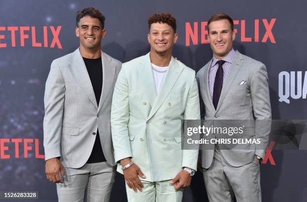 American football quarterbacks Philadelphia Eagles' Marcus Mariota , Kansas City Chief's Patrick Mahomes and Minnesota Vikings' Kirk Cousins arrive...