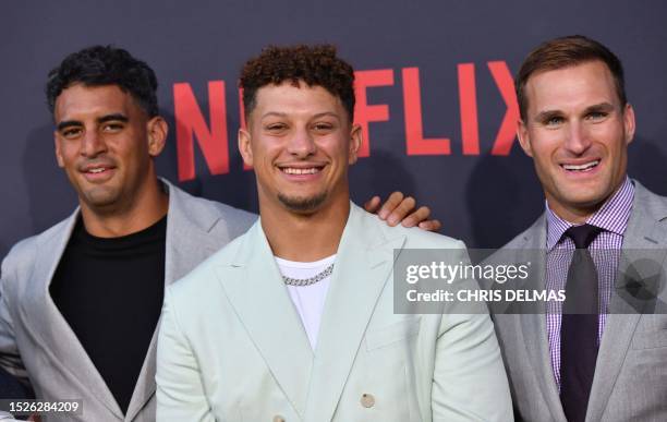 American football quarterbacks Philadelphia Eagles' Marcus Mariota , Kansas City Chief's Patrick Mahomes and Minnesota Vikings' Kirk Cousins arrive...