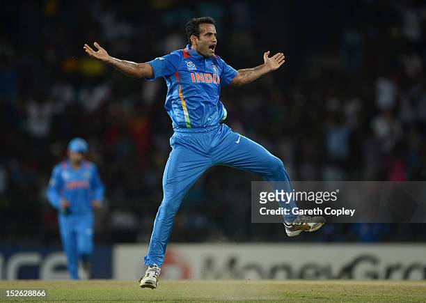 Irfan Pathan of India celebrates dismissing Alex Hales of England during the ICC World Twenty20 2012 Group A match between England and India at R....