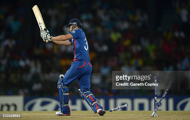 Alex Hales of England is bowled by Irfan Pathan of India during the ICC World Twenty20 2012 Group A match between England and India at R. Premadasa...