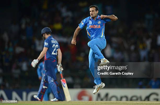 Irfan Pathan of India celebrates dismissing Alex Hales of England during the ICC World Twenty20 2012 Group A match between England and India at R....