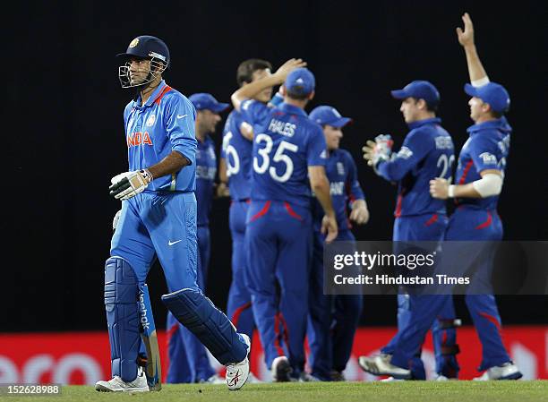 Indian batsman Irfan Pathan leaving the ground after dismissal by England bowler Steven Finn during the ICC T20 World Cup cricket match between India...