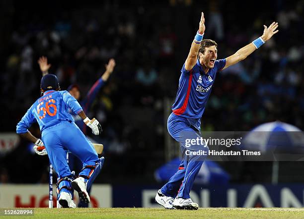 England bowler Steven Finn appeal unsuccessfully against Indian batsman Irfan Pathan during the ICC T20 World Cup cricket match between India and...