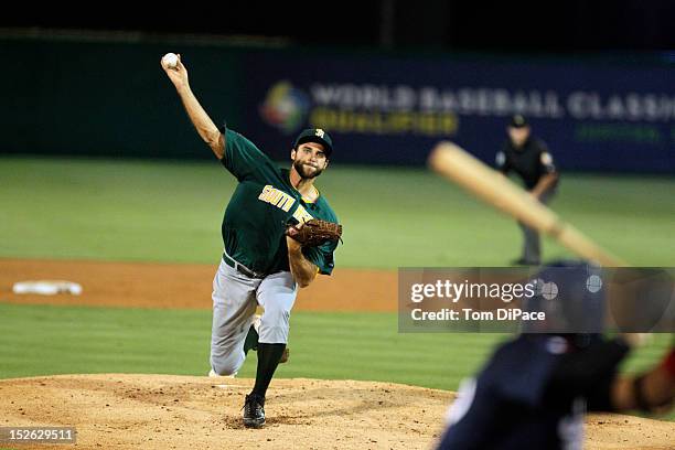 Wade Mackey of Team South Africa pitches against Team France during game 4 of the Qualifying Round of the 2013 World Baseball Classic at Roger Dean...