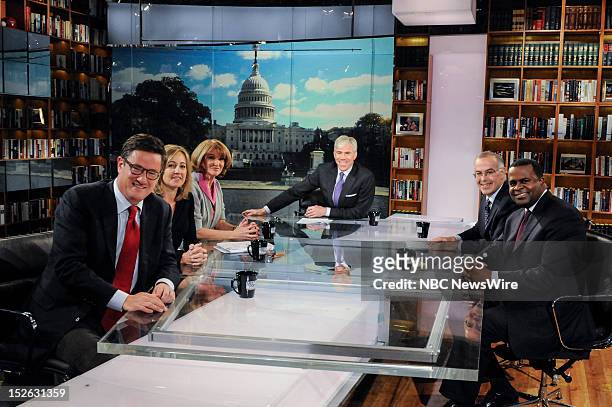 Pictured: – Joe Scarborough, Host, MSNBC’s “Morning Joe," Dee Dee Myers, Democratic Strategist, Bay Buchanan, Senior Adviser, Romney Campaign,...