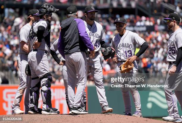 Manager Bud Black of the Colorado Rockies takes the ball from pitcher Connor Seabold taking him out of the game against the San Francisco Giants in...