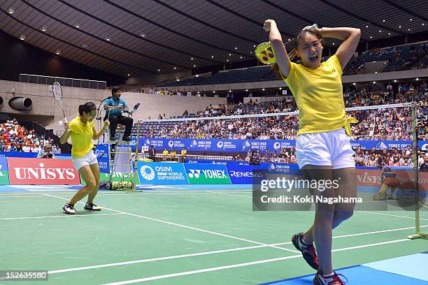 Ying Suet Tse and Lok Yan Poon of Hong Kong China celebrate after winning the women's doubles final match against Shizuka Matsuo and Mami Naito of...