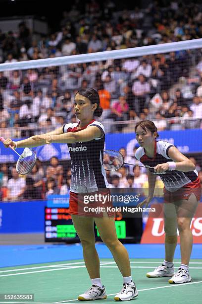 Shizuka Matsuo and Mami Naito of Japan compete the women's doubles final match against Ying Suet Tse and Lok Yan Poon of Hong Kong China during day...