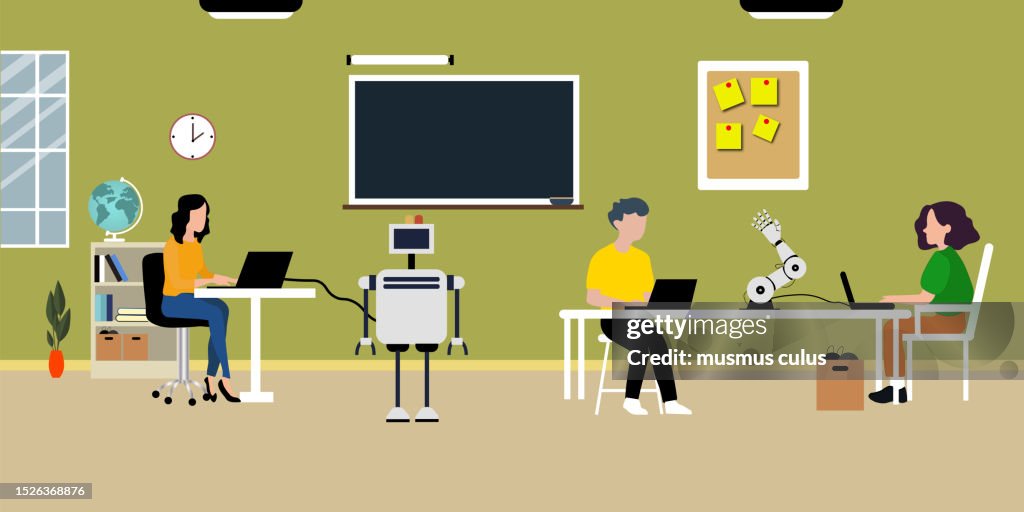 Crianças da escola criando um robô na sala de aula. Laboratório de Engenharia de Educação com Equipamentos de Inovação para Codificação de Computadores Robótica Artificial Inteligente