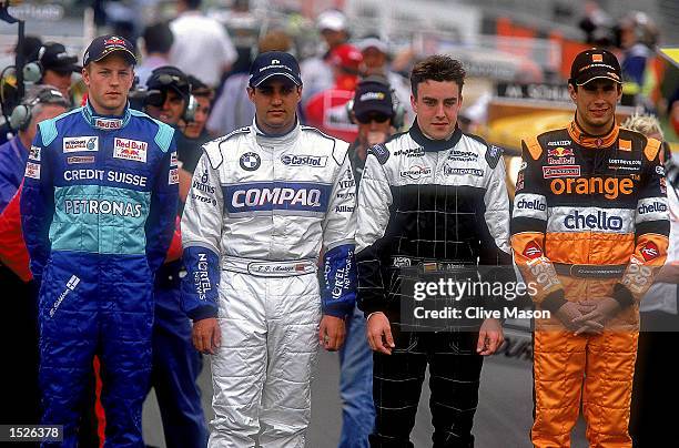 The 2001 season's new drivers Kimi Raikkonen of Sauber, Juan Pablo Montoya of Williams BMW, Fernando Alonso of Minardi and Enrique Bernoldi of Arrows...