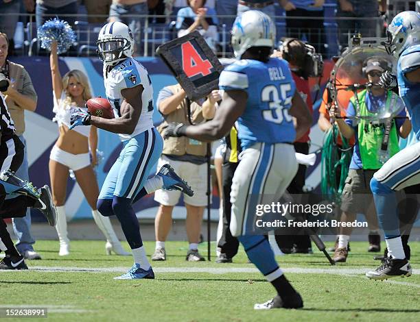 Tommie Campbell of the Tennessee Titans carries the ball for a touchdown against the Detroit Lions at LP Field on September 23, 2012 in Nashville,...