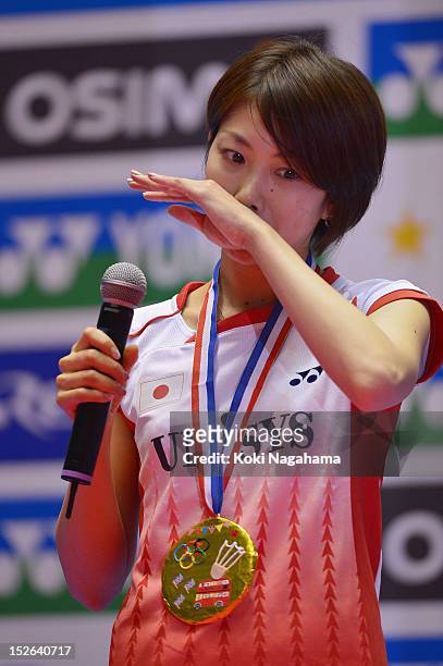 Reiko Shiota of Japan cries during her retiremennt ceremony on day five of the Yonex Open Japan 2012 at Yoyogi Gymnasium on September 23, 2012 in...
