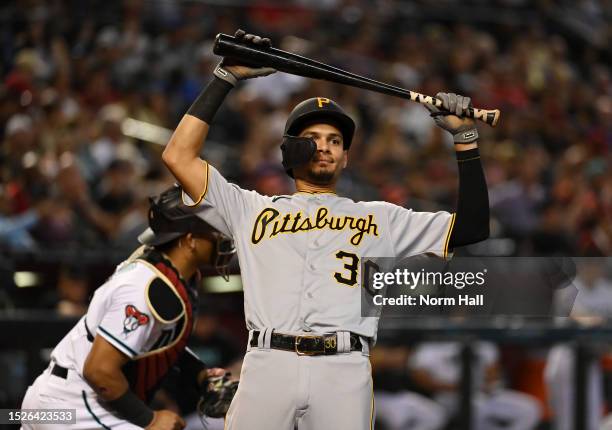 Tucupita Marcano of the Pittsburgh Pirates reacts after being called out on strikes during the eighth inning against the Arizona Diamondbacks at...