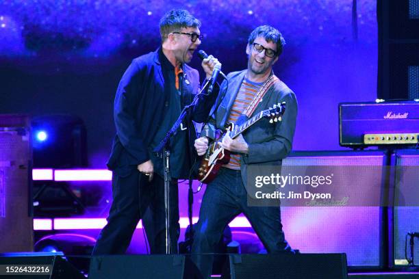 Damon Albarn and Graham Coxon of Blur perform at Wembley Stadium on July 08, 2023 in London, England.