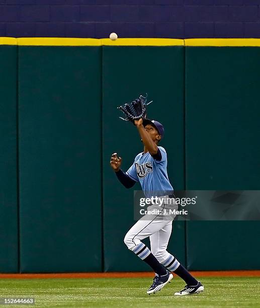 Outfielder B.J. Upton of the Tampa Bay Rays catches a fly ball against the Toronto Blue Jays during the game at Tropicana Field on September 23, 2012...