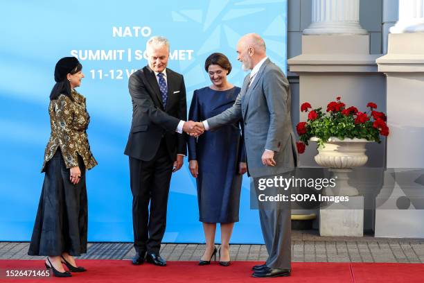 President of Lithuania, Gitanas Nausda and his wife Diana Nausdien welcome Prime Minister of Albania, Edi Rama and his wife Linda Rama as they arrive...