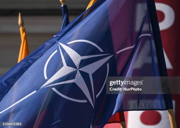 Flag with NATO logo seen during the 2023 NATO Summit seen in Vilnius, Lithuania, on July 12, 2023.