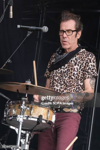 New York born rockabilly drummer and singer James McDonnell, aka Slim Jim Phantom, performing live on stage at Let's Rock 1980s retro revival...