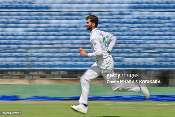 Pakistan's Shaheen Afridi balls during the second day of the two-day tour match between Pakistan and Sri Lanka Cricket President's XI at the Mahinda...