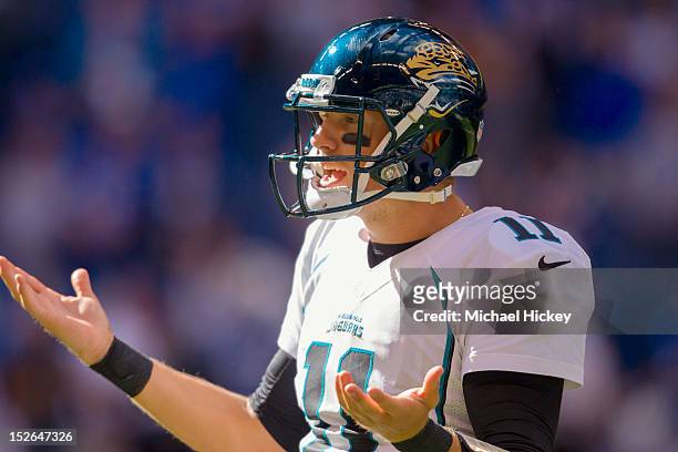 Blaine Gabbert of the Jacksonville Jaguars looks back to the sidelines for a play against the Indianapolis Colts at Lucas Oil Stadium on September...
