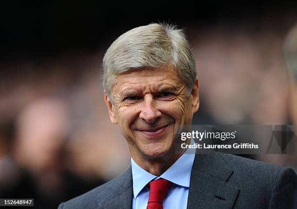 Arsene Wenger, manager of Arsenal looks on ahead of the Barclays Premier League match between Manchester City and Arsenal at Etihad Stadium on...