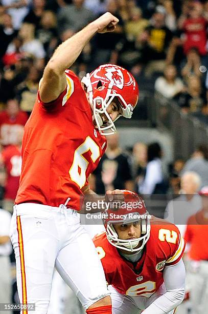 Ryan Succop of the Kansas City Chiefs reacts to the game winning field goal in an overtime victory over the New Orleans Saints at the Mercedes-Benz...