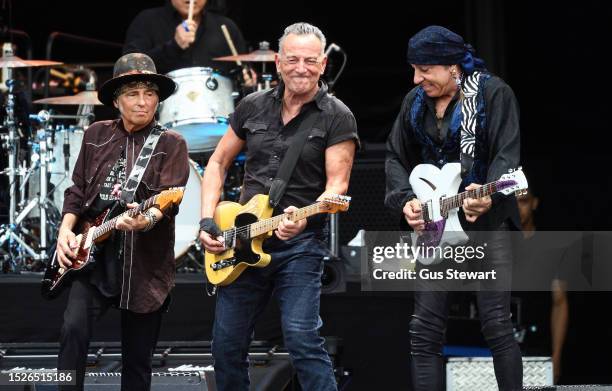 Nils Lofgren, Bruce Springsteen and Steven Van Zandt of the E Street Band perform on the Great Oak Stage at BST Hyde Park Festival 2023 at Hyde Park...