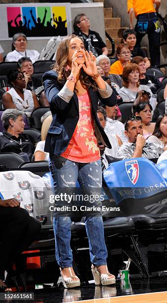 Becky Hammon of the San Antonio Silver Stars shouts encouragement to the Silver Stars during the game with the Minnesota Lynx at the AT&T Center on...