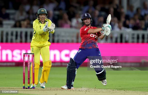 Alice Capsey of England plays the ball to the boundary during the Women's Ashes 3rd Vitality IT20 match between England and Australia at Lord's...