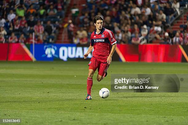 Alvaro Fernandez of Chicago Fire moves the ball against the Montreal Impact at Toyota Park on September 15, 2012 in Bridgeview, Illinois. The Fire...
