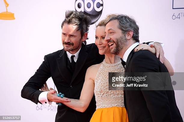 Actors Jeremy Davies, Leslie Mann, and director Judd Apatow arrive at the 64th Primetime Emmy Awards at Nokia Theatre L.A. Live on September 23, 2012...