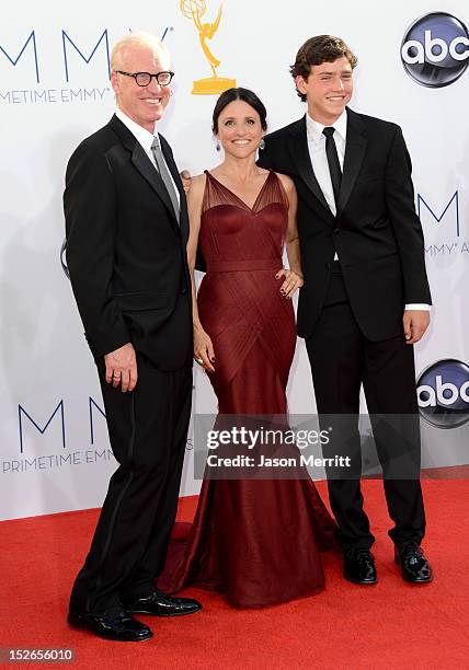 Proucer Brad Hall, actress Julia Louis-Dreyfus and guest arrive at the 64th Primetime Emmy Awards at Nokia Theatre L.A. Live on September 23, 2012 in...