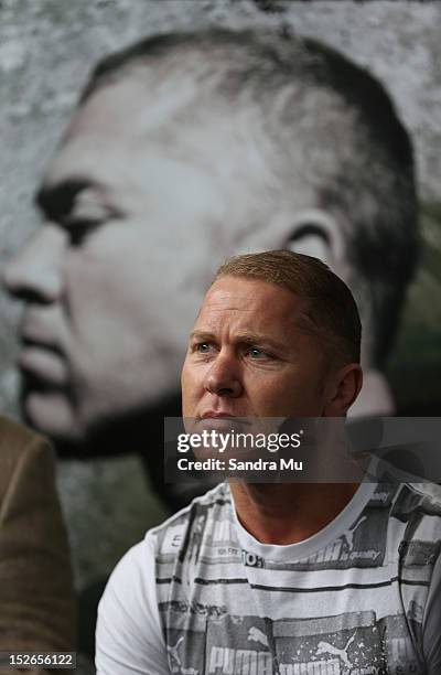 Current WBO Asia Pacific & Oriental Heavyweight Champion Shane Cameron talks to media at a press conference at Shane Cameron Fitness on September 24,...