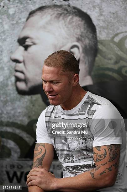 Current WBO Asia Pacific & Oriental Heavyweight Champion Shane Cameron talks to media at a press conference at Shane Cameron Fitness on September 24,...