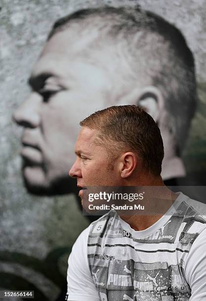 Current WBO Asia Pacific & Oriental Heavyweight Champion Shane Cameron talks to media at a press conference at Shane Cameron Fitness on September 24,...