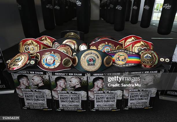 Current WBO Asia Pacific & Oriental Heavyweight Champion Shane Cameron displays his entire collection of belts at a press conference at Shane Cameron...