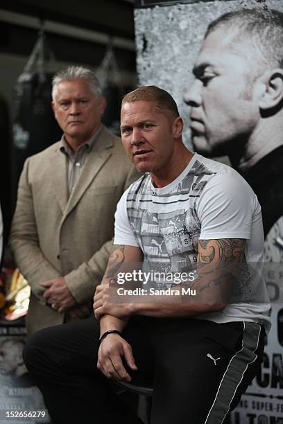 Current WBO Asia Pacific & Oriental Heavyweight Champion Shane Cameron and his manager Ken Reinsfield talk to media at a press conference at Shane...