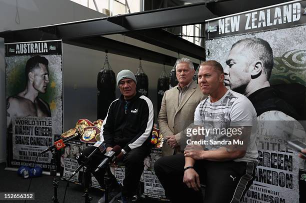 Trainer Henry Schuster , Ken Reinsfield, Manager and Current WBO Asia Pacific & Oriental Heavyweight Champion Shane Cameron talk to the media at...