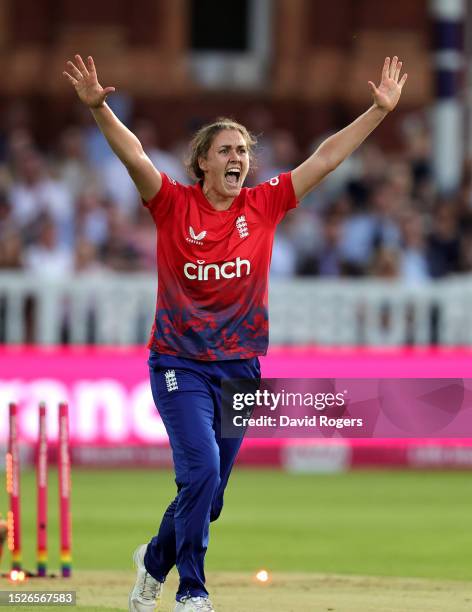 Nat Sciver-Brunt of England celebrates after taking the wicket of Ashleigh Gardner during the Women's Ashes 3rd Vitality IT20 match between England...