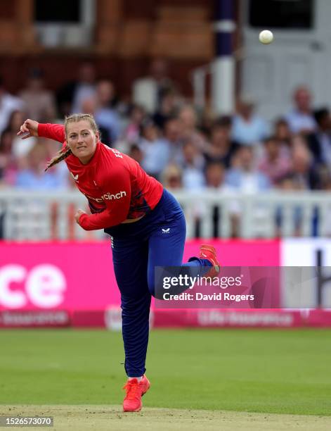 Sophie Ecclestone of England bowls during the Women's Ashes 3rd Vitality IT20 match between England and Australia at Lord's Cricket Ground on July...