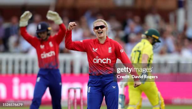 Charlie Dean of England celebrates after trapping Alyssa Healy LBW during the Women's Ashes 3rd Vitality IT20 match between England and Australia at...