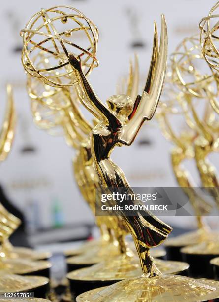 Emmy statuettes await their recepients at the 64th annual Prime Time Emmy Awards at the Nokia Theatre at LA Live in Los Angeles, California September...