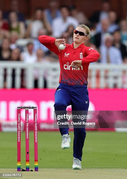 Charlie Dean of England bowls during the Women's Ashes 3rd Vitality IT20 match between England and Australia at Lord's Cricket Ground on July 08,...