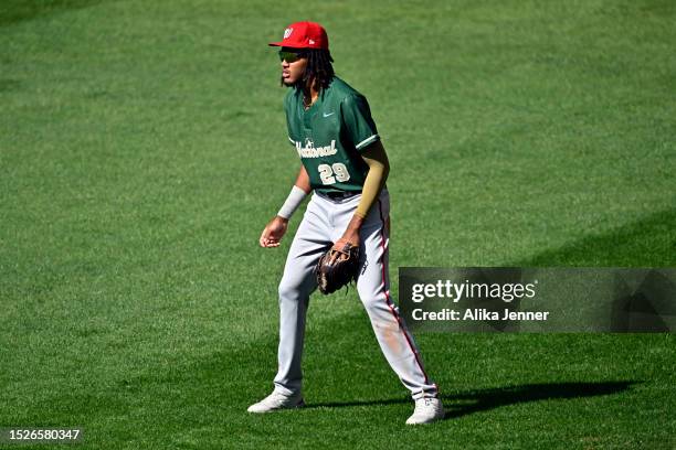 James Wood of the Washington Nationals stands on defense during the SiriusXM All-Star Futures Game at T-Mobile Park on July 08, 2023 in Seattle,...